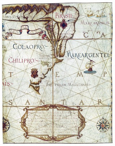 خريطة لأمريكا الجنوبية ، في Universa و Navigabilis Totius Terrarum Orbis Descriptio 1559 (مخطوطة ملونة) بواسطة أندريه هوميم