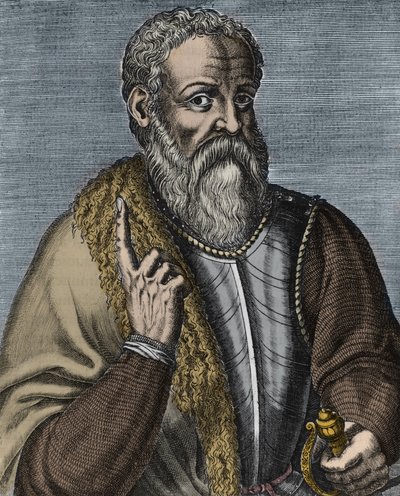 هرناندو كورتيز أو كورتيس (1485-1547) نقش الفاتح الإسباني بعد أندريه ثيفت (1516-1590) - صورة الفاتح هرنان (أو هيرناندو) كورتيس أو فرناند كورتيز (1485-1547) بواسطة أندريه (بعد) ثيفت