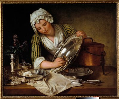 Servante sticant a dish أو "La recureuse" لوحة لأندريه بويز (1656-1740) 1737 باريس ، فنون زخرفية - خادم منزلي يصقل الفضة (أو "La Recureuse"). لوحة أندريه بويز (1656-1740) بواسطة أندريه بويز