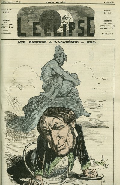 أوغست باربييه (1805-1882) ، شاعر فرنسي انتخب في الأكاديمية الفرنسية عام 1869. غلاف في "L'Eclipse" بقلم جيل ، 4 يونيو بواسطة أندرو جيل