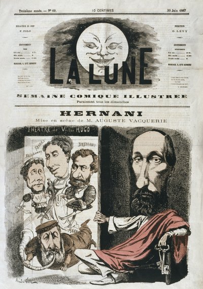كاريكاتير لـ "Hernani" من تأليف Victor Hugo وإخراج Auguste Vacquerie ، رسم توضيحي من الغلاف الأمامي لـ "La Lune" ، 30 يونيو 1867 بواسطة أندرو جيل
