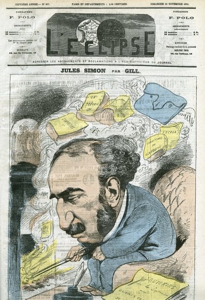رسم كاريكاتوري لجول سيمون (1814-1896) ، سياسي ، مؤرخ للفلسفة ، فيلسوف ، كاتب مقالات فرنسي. غلاف في “L