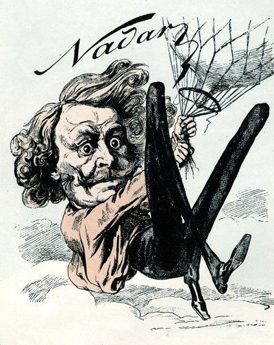Cartoon of Felix Nadar, pioneer of aerial picture in 1858, here hanging from his balloon (engraving) بواسطة أندرو جيل