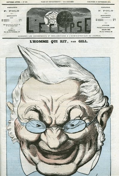 رسم كاريكاتوري لـ "الرجل الذي يضحك" ، Adolphe Thiers (1797-1877) ، سياسي فرنسي. غلاف في "L'Eclipse" بقلم جيل ، 13 سبتمبر بواسطة أندرو جيل