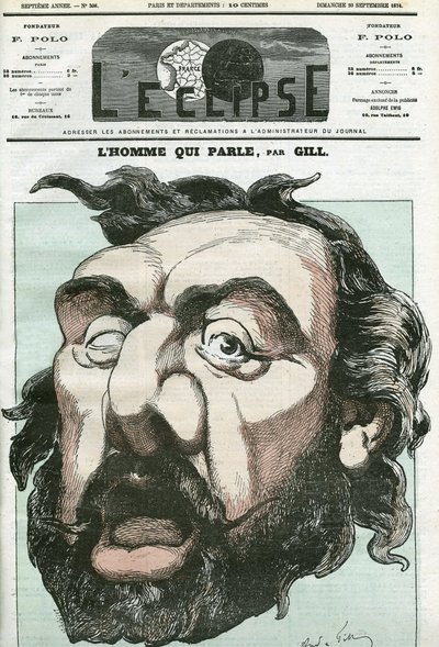 رسم كاريكاتوري لـ "الرجل الذي يتحدث" ، ليون غامبيتا (1838-1882) ، سياسي فرنسي. غلاف في “L'Eclipse” بقلم جيل ، 20 سبتمبر بواسطة أندرو جيل