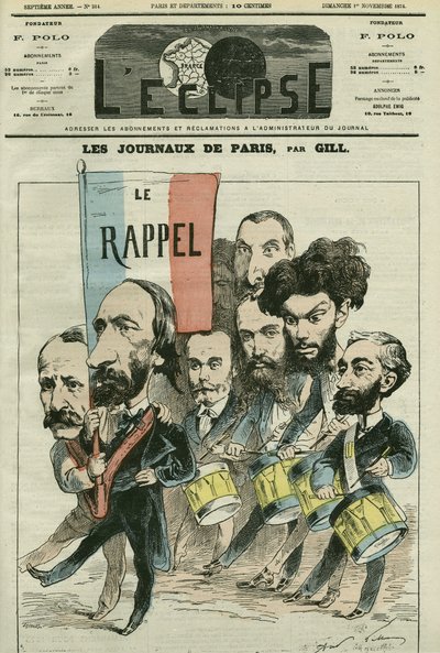 رسم كاريكاتوري "" استدعاء "الجمهورية من قبل جرائد باريس ، مع بول موريس (1818-1905) ، أوغست فاكويري (1819-1895) ، غولييه ، بلوم ، ليفيفر ، ديهيرفيلي ، بيليتان ، وإدوارد لوكروي (1838- 1913). الغلاف في "L'Eclipse" بقلم جيل ، 1 نوف بواسطة أندرو جيل