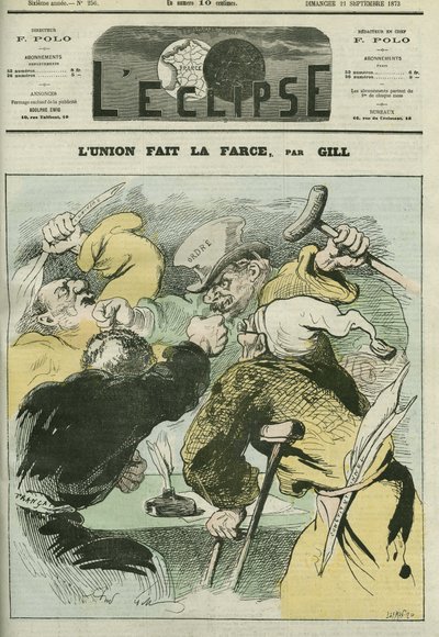 Lunion يصنع المهزلة "" ، صورة كاريكاتورية للصحف السياسية "L'ordre" و "" Constitutional "و" Le Francais "و" L'Univers "، مجادلة. غلاف في "L'Eclipse" بقلم جيل ، 21 سبتمبر بواسطة أندرو جيل