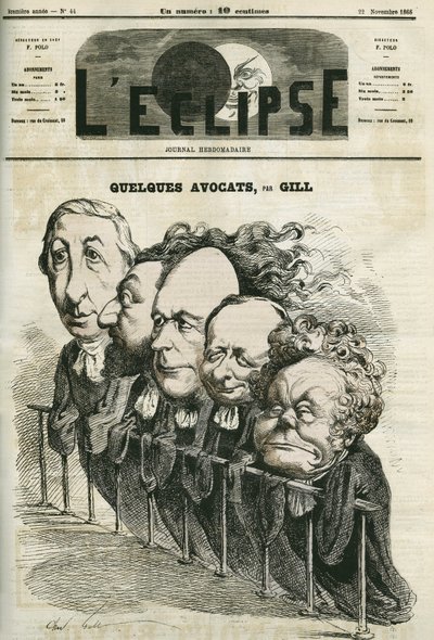 بعض المحامين ، إيمانويل أراغو (1812-1896) ، ليون غامبيتا (1838-1882) ، جول جريفي (1807-1891) ، لورييه وأدولف كريميو (1796-1880). غلاف في “L'Eclipse” بقلم جيل ، 22 نوفمبر بواسطة Andre Gill