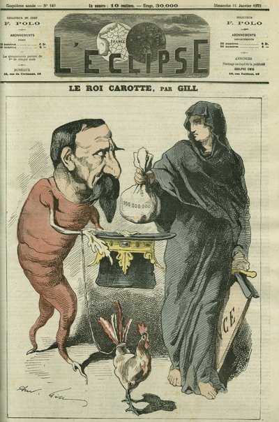 ملك الجزر ، نابليون الثالث (1808-1873) ، رئيس الجمهورية وإمبراطور فرنسا حتى هزيمة سيدان في عام 1870. الغلاف في "L'Eclipse" بقلم جيل ، 21 يناير بواسطة أندرو جيل