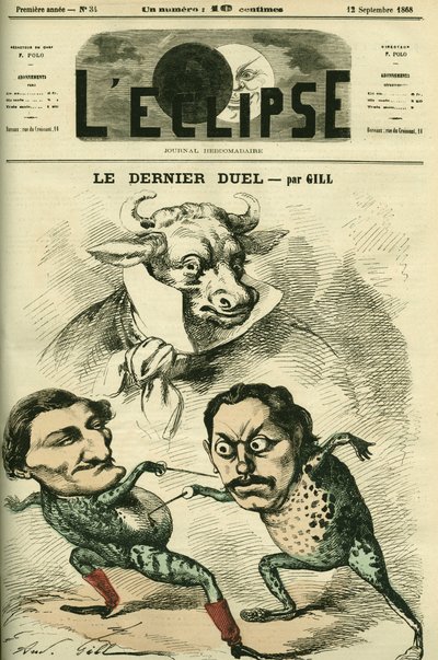 المبارزة الأخيرة ، الضفادع بروسبيرو أوليفييه (بروسبر أوليفييه) ليساغاراي (1838-1901) وبول جرانييه دي كاساجناك (1842-1904) أرادوا أن يكونوا بحجم لحوم البقر ، ممثلين ألفريد دي موسيت وفيكتور هوغو. غلاف في “L