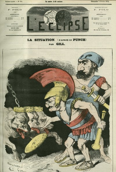 الوضع ، رسم كاريكاتوري لأدولف تييرز (1797-1877) وليون غامبيتا (1838-1882) يعطي وزارة للكلاب الملكية والبونابارتية. غلاف في "L
