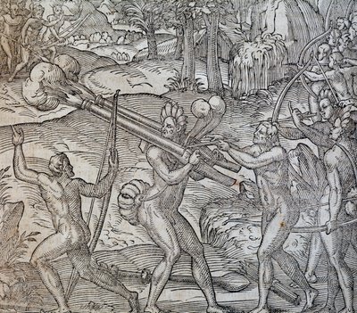 معركة بين السكان الأصليين في كندا ، نقش من Cosmographie Universelle ، بواسطة Andre Thevet ، باريس 1575 بواسطة أندريه ثيفت