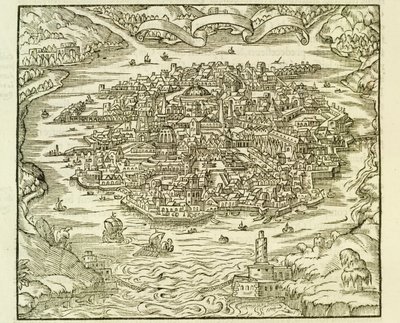 مدينة كوينساي (تيانجين الآن) ، نقش من La Cosmographie Universelle (Universal Cosmography) بواسطة Andre Thevet بواسطة أندريه ثيفت