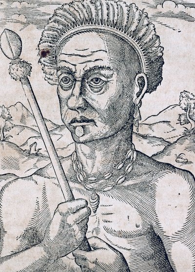 الملك Quoniambec ، البرازيل ، نقش من Universal Cosmology ، بواسطة Andre Thevet (1504-1592) ، باريس بواسطة أندريه ثيفت