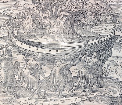 Laplanders يحملون قواربهم من مكان إلى آخر ، نقش من Universal Cosmology ، بواسطة Andre Thevet (1504-1592) ، باريس بواسطة أندريه ثيفت