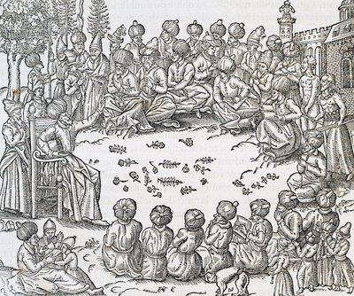 لقاء بين الأتراك والعرب ، المغرب ، نقش من Universal Cosmology ، بقلم Andre Thevet (1504-1592) ، باريس بواسطة أندريه ثيفت