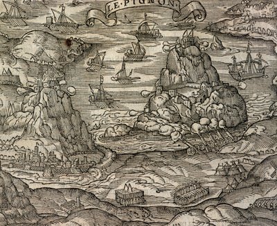 معركة بحرية بالقرب من جزيرة لو بينون ، نقش من Cosmographie universelle ، بواسطة Andre Thevet (1504-1592) ، باريس بواسطة أندريه ثيفت