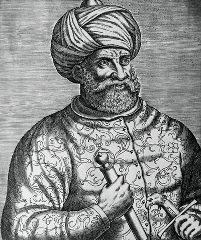 بورتريه خير الدين ، المعروف باسم بربروسا (1465-1546) ، قرصان تركي وأدميرال ، نقش لأندريه تيفيت (1502-1590) بواسطة أندريه ثيفت