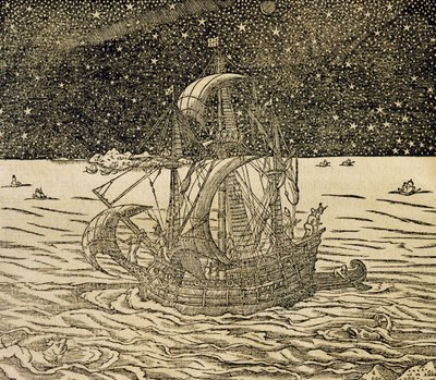 البحارة يتبعون الطريق الشمالي ، نقش من Universal Cosmology ، بواسطة Andre Thevet (1504-1592) ، باريس بواسطة أندريه ثيفت