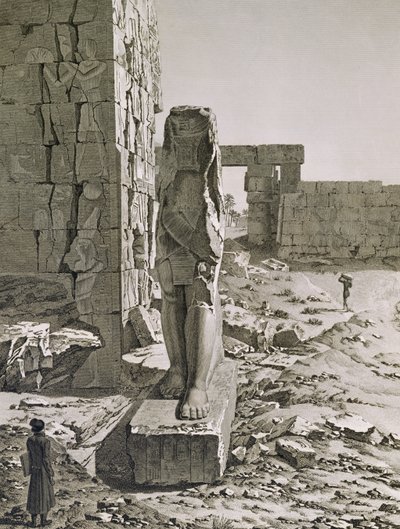 منظر العملاق عند مدخل القاعات المرتفعة للقصر في الكرنك ، طيبة ، اللوحة 20 من المجلد الثالث من "أوصاف مصر" ، منقوش بالتارت ، 1822 (أكواتنت) بواسطة أندريه بعد دوتيرتر