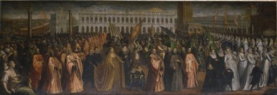 The Dogaressa Marina Morosini-Grimani leaving Palazzo Grimani for her coronation in the Palazzo Ducale, Venice بواسطة أندريا) فيسينتينو