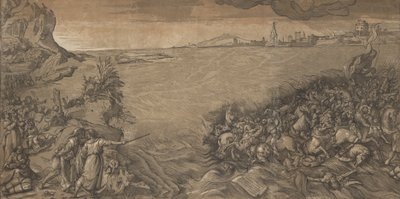 عند عبور البحر الأحمر ، يقف موسى على اليسار مشيرًا إلى غرق الجيش ... ، 1589. بواسطة أندريا أندريني