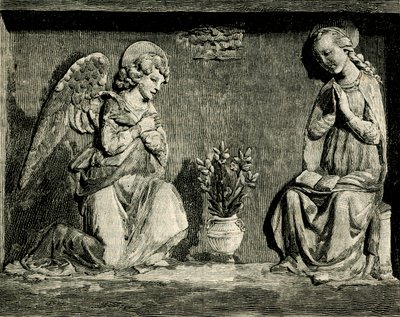 البشارة ، بواسطة أندريا ديلا روبيا (1435-1525 أو 1528) ، خطابة مادونا ديل بون كونسيجليو ، براتو ، توسكانا ، إيطاليا ، نقش خشبي من Le cento citta d'Italia (مائة مدينة إيطالية) بواسطة أندريا ديلا روبيا
