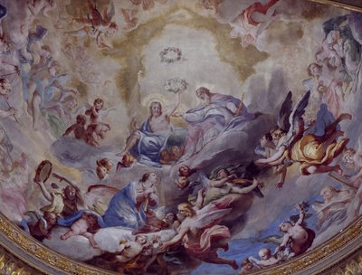 تتويج العذراء ، لوحة جدارية رسمها أندريا لانزاني (1641-1712) عام 1699 من جوقة ملاذ إنكوروناتا ، لودي. إيطاليا بواسطة أندريا لانزاني
