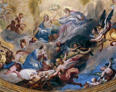 تتويج العذراء ، لوحة جدارية رسمها أندريا لانزاني (1641-1712) في عام 1699 في جوقة ملاذ إنكوروناتا ، لودي. إيطاليا بواسطة أندريا لانزاني