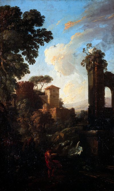 منظر طبيعي به آثار ورسام ، بقلم أندريا لوكاتيللي (1695-1741) ، زيت على قماش ، 41 × 25 سم. بواسطة أندريا لوكاتيلي