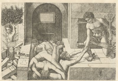 الزئبق كتجسيد للفضيلة ينقذ الأرواح في طي النسيان ودافني يتحول إلى شجرة Virtus Deserta (العنوان على الكائن) بواسطة أندريا مانتيجنا (مدرسة)