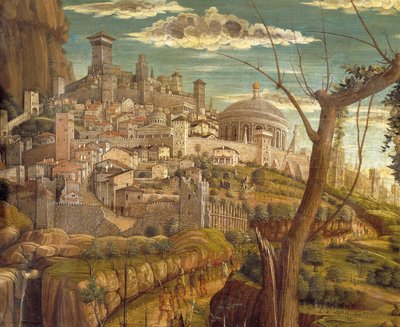 عذاب في الحديقة لأندريا مانتيجنا (1431-1506) ، تمبرا على الخشب ، 71 × 94 سم ، منظر تفصيلي للقدس بواسطة أندريا مانتيجنا