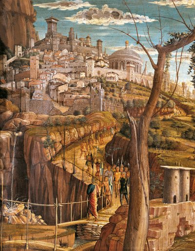 عذاب في الحديقة لأندريا مانتيجنا (1431-1506) ، تمبرا على الخشب ، 71 × 94 سم ، منظر تفصيلي للقدس بواسطة أندريا مانتيجنا