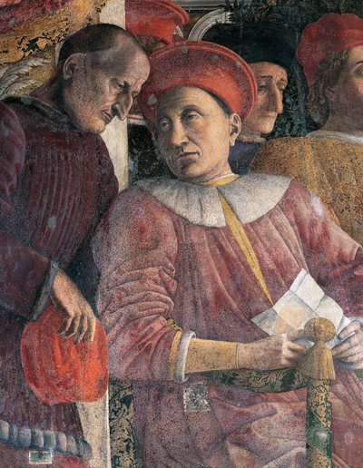 Ludovico Gonzaga والمستشار Marsilio Andreasi ، تفاصيل من جدار المحكمة بواسطة Andrea Mantegna (1431-1606) ، لوحة جدارية ، قلعة سان جورجيو ، غرفة الزفاف أو كاميرا Picta ، مانتوا بواسطة أندريا مانتيجنا