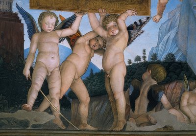 Putti مع أجنحة فراشة تحمل لوحة التفاني (التفاصيل). 1465-74 بواسطة أندريا مانتيجنا