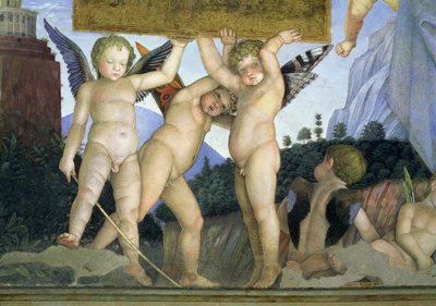Putti بأجنحة فراشة تدعم اللوحة التكريمية ، من Camera degli Sposi أو Camera Picta ، 1465-74 تفاصيل جدارية 78449 بواسطة أندريا مانتيجنا