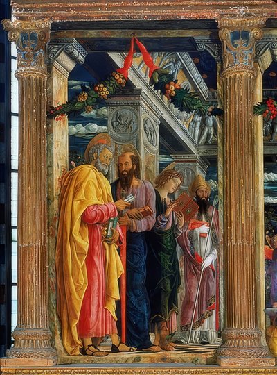 سان زينو مذبح. الجهه اليسرى. 1457-1460. في الصورة سيمون بيتر ، بول طرسوس ، يوحنا الإنجيلي وزينون فيرونا بواسطة أندريا مانتيجنا