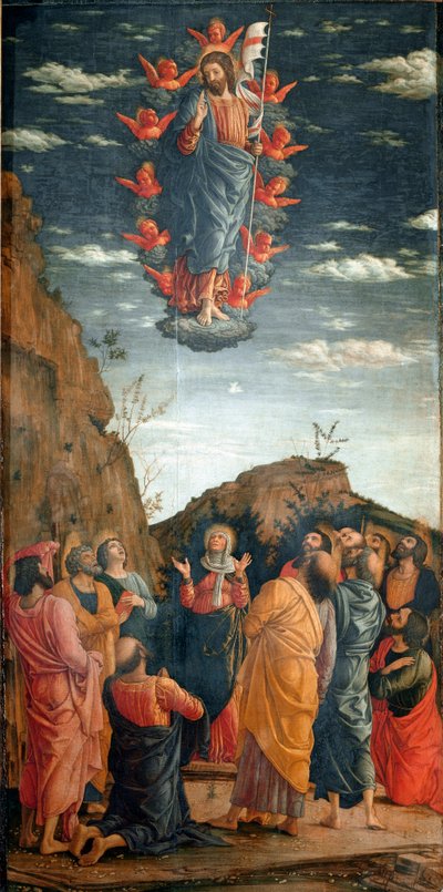 الصعود. لوحة أندريا مانتيجنا (1431-1506) عام 1460. 86x42،5 سم. فلورنسا ، جاليريا ديجلي أوفيزي. - صعود المسيح بقلم أندريا مانتيجنا (1431-1506). تمبرا على خشب ، ٨٦ × ٤٢ ٫ ٥ سم بواسطة أندريا مانتيجنا