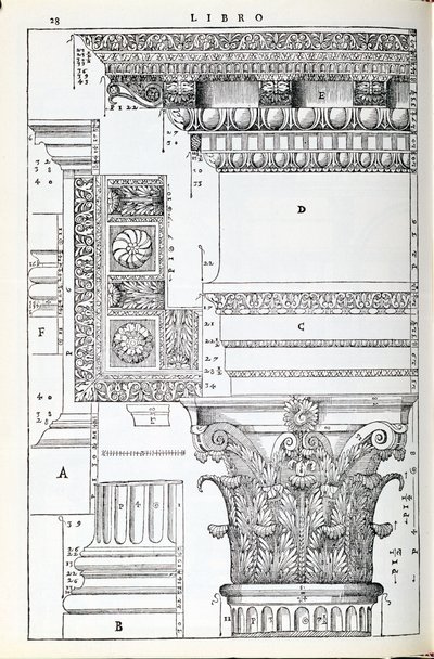 تفاصيل زخرفية من Tempio of Trajan ، توضيح من نسخة فاكس من "I Quattro Libri dell&39;Architettura" كتبها بالاديو ، نُشِر في الأصل عام 1570 بواسطة أندريا بالاديو