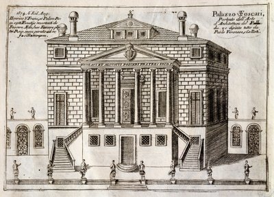Main facade of Villa Foscari known as La Malcontenta, Mira, designed by Andrea Palladio (1508-1580), engraving from Along Brenta Canal, almost borough of city of Venice, by Vincenzo Coronelli (1650-1718), Venice بواسطة أندريا بالاديو