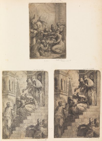 عبادة المجوس والمسيح والنساء على الدرج ، كاليفورنيا. 1541-44. بواسطة أندريا شيافوني
