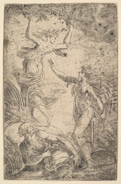 أبولو على اليمين يمسك القوس مطاردة دافني على اليسار ، كاليفورنيا. 1538-40. بواسطة أندريا شيافوني