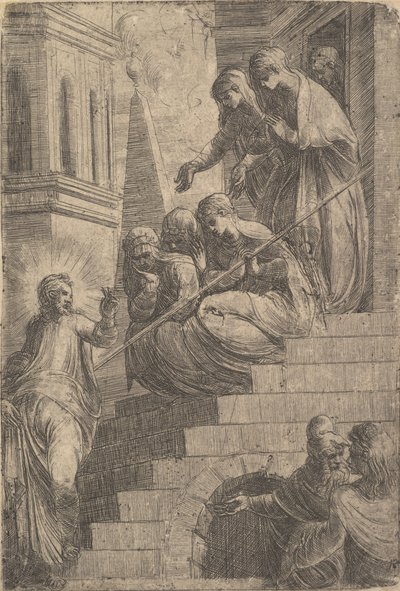 المسيح يخاطب مجموعة من النساء الجالسات والوقوف على الدرجات ، كاليفورنيا. 1541-44. بواسطة أندريا شيافوني