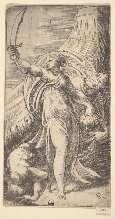 جوديث رفع سيفها في يدها اليمنى ، ووضع رأس Holofernes في sa ... ، كاليفورنيا. 1542-45. بواسطة أندريا شيافوني