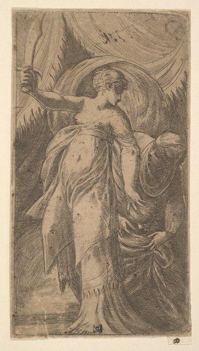 جوديث بسيفها مرفوعة في يدها اليمنى ووضع رأس Holofernes في ... ، كاليفورنيا. 1540-45. بواسطة أندريا شيافوني