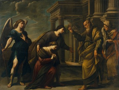 راجلز نعمة ابنتها سارة قبل مغادرة Ecbatana مع توبياس ، ج. 1640 بواسطة أندريا فاكارو