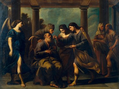 توبياس يشفي عمى والده - رسم لأندريا فاكارو (1604-1670) ، زيت على قماش (200.5 × 264 سم) ، حوالي 1640 ، الفن الإيطالي في القرن السابع عشر ، الفن الباروكي - المتحف الوطني للفنون في كاتالونيا ، برشلونة (إسبانيا) بواسطة أندريا فاكارو
