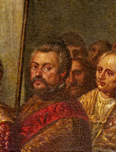 سيناتور فينيسي ، التفاصيل من الملك الفرنسي هنري الثالث الذي زار البندقية في عام 1574 ، من غرفة الأبواب الأربعة (تفاصيل 71525) بواسطة أندريا) فيسينتينو