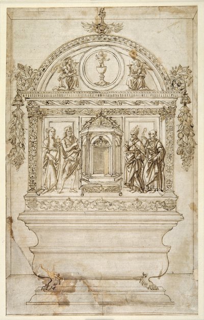 Design for the altar of a chapel, with a tabernacle for the Eucharist (pen & brown ink with brown wash on white paper) بواسطة أندريا ديل (من أتباع) فيروكيو