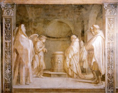 Angel announcing birth of child to Zacharias, detail from Stories of Virgin by Andrea del Sarto (1486-1530), fresco in monochrome, Cloister of Scalzo, Florence بواسطة أندريا ديل سارتو